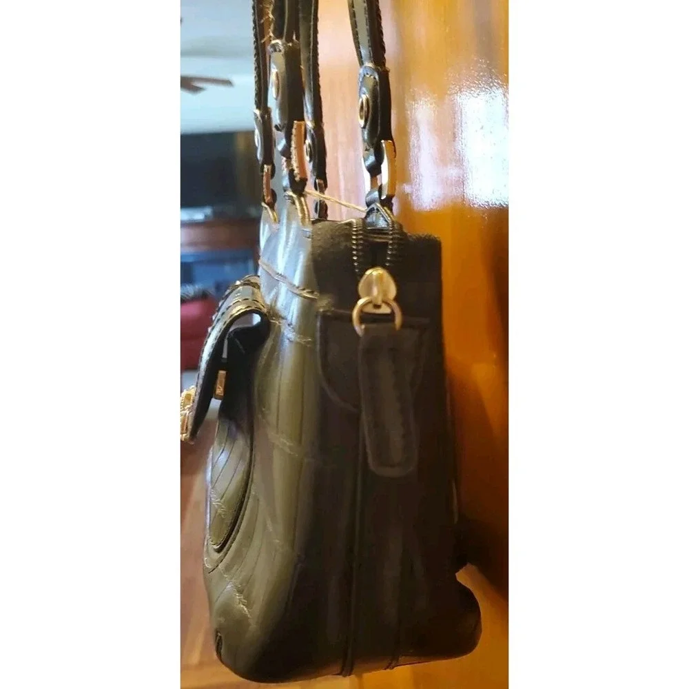 M.C. Marc Chantal‎ Black Embossed Croc LEATHER Satchel Bag Handbag Purse